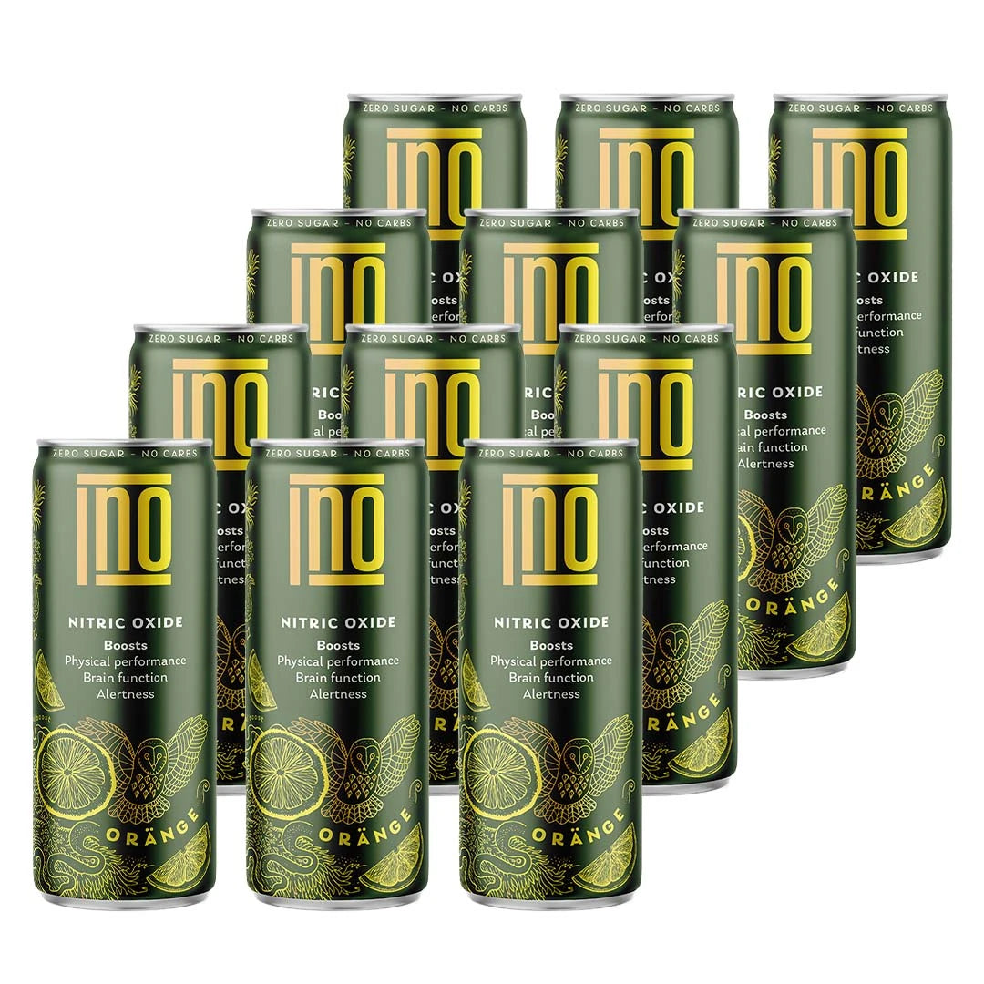 12 x INO Nitric Oxide Drink 330 ml med mörkgröna burkar och gula detaljer i smaken Orange., bild 1 av 1