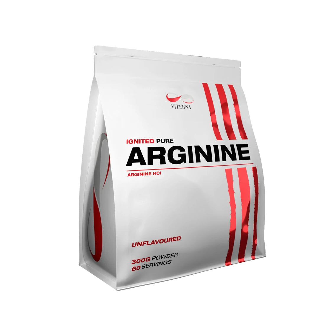 Viterna Arginine Powder 300 g i en vit påse med röda detaljer och texten unflavoured.
