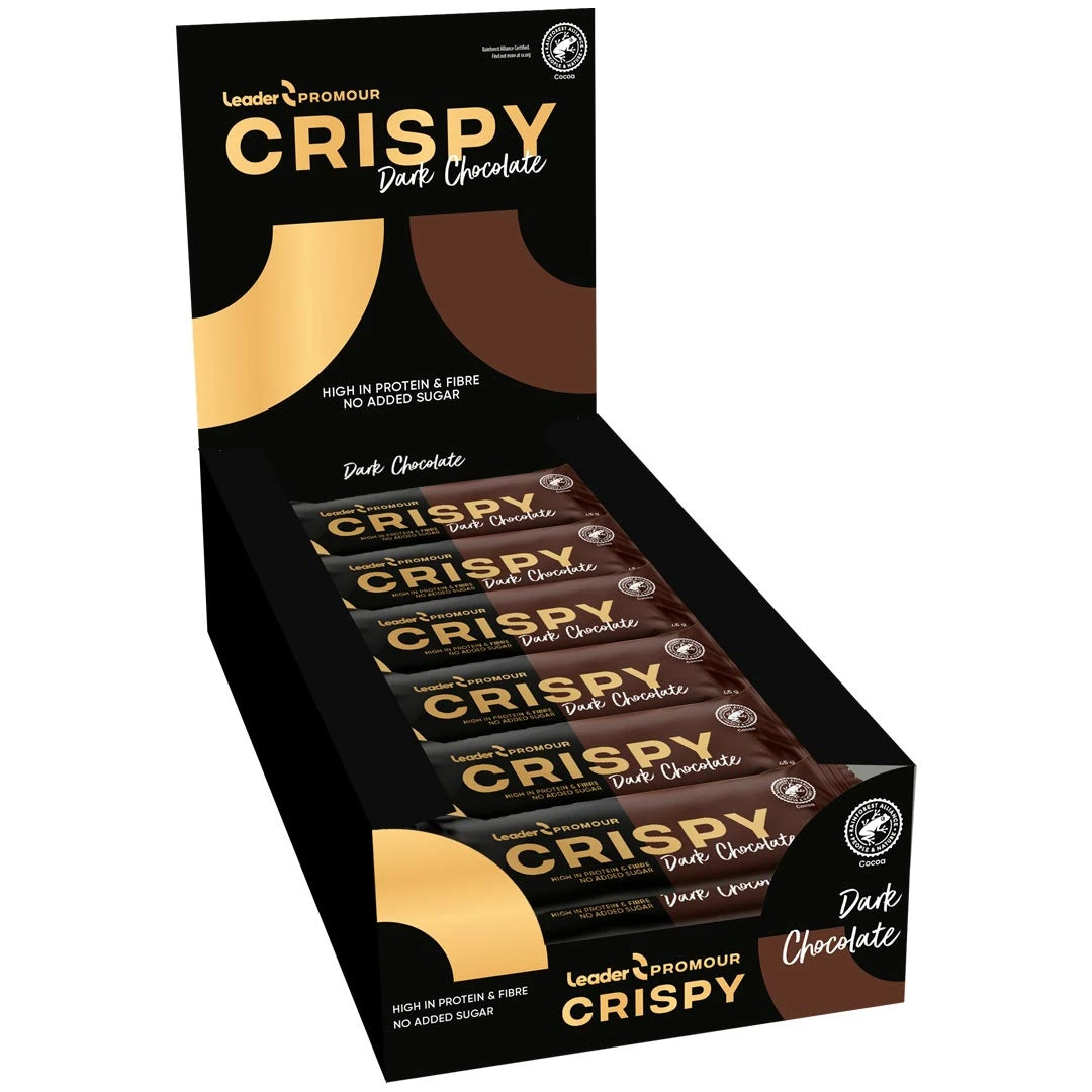 18 x Leader Promour Crispy MIX 45 g i en svart displaylåda med guldiga detaljer för smaken Dark Chocolate.