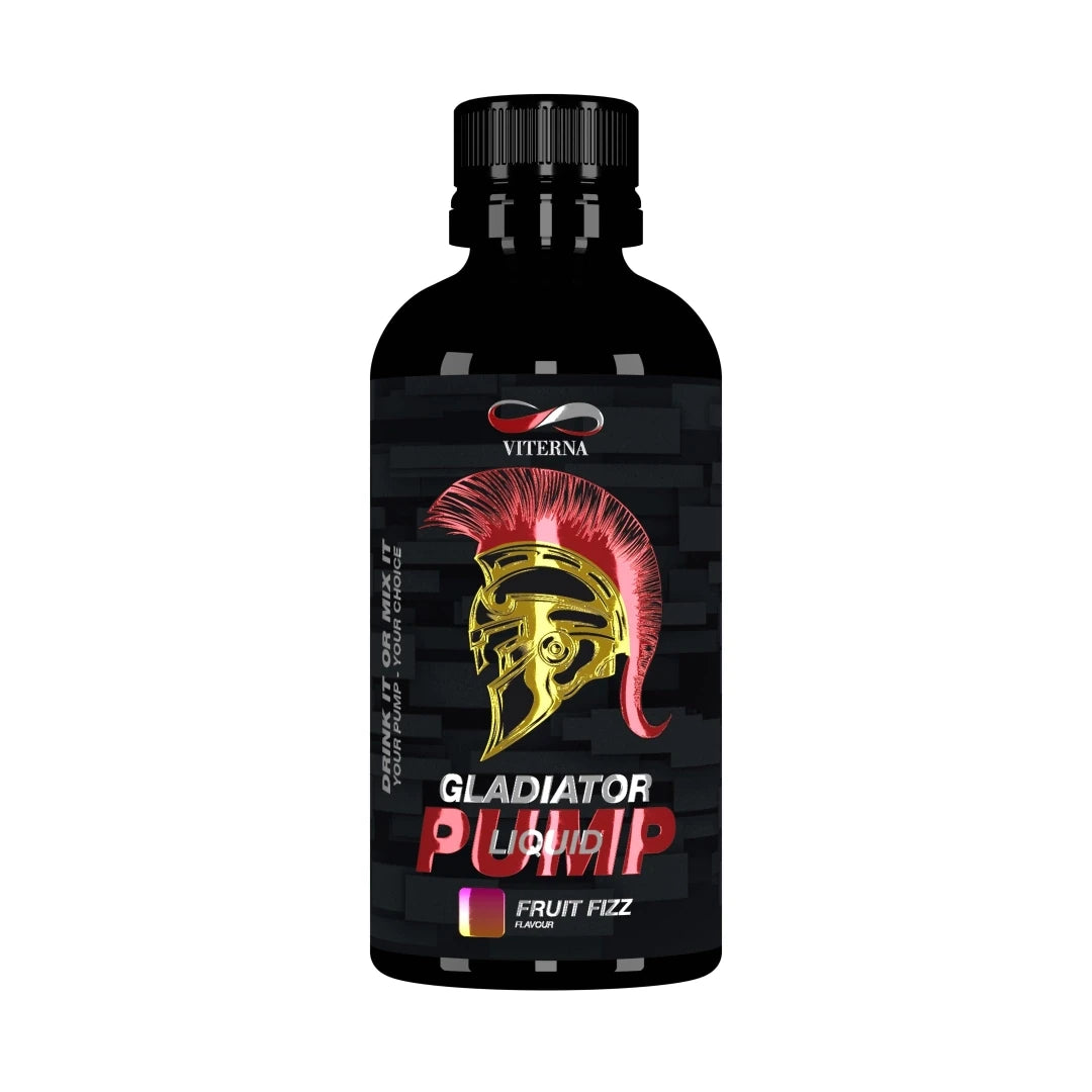 Viterna Gladiator Pump Liquid 500 ml i en svart flaska med en guldig gladiatorhjälm för smaken Fruit Fizz.