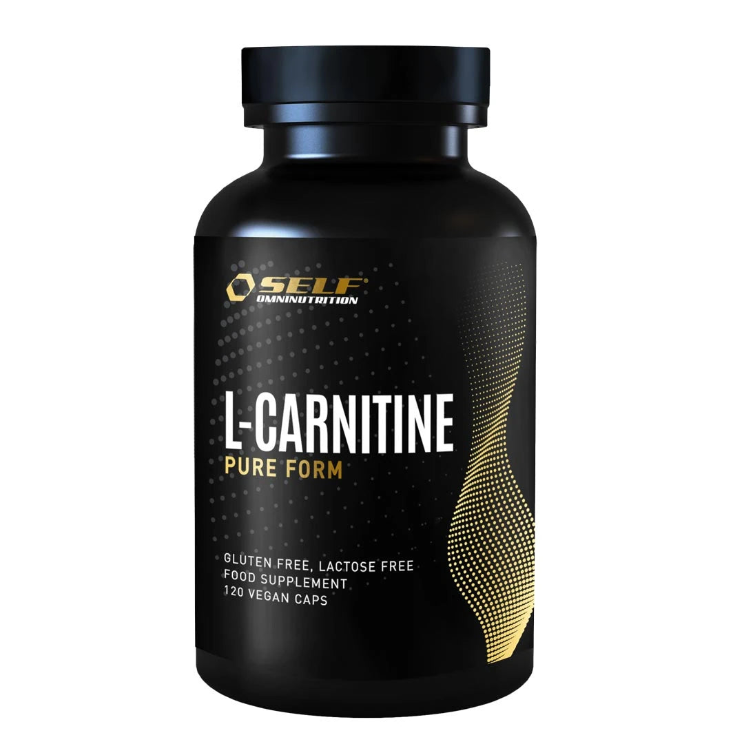 Self Omninutrition L-carnitine 120 caps fettförbrännare, förpackad i en svart burk med gulddetaljer.