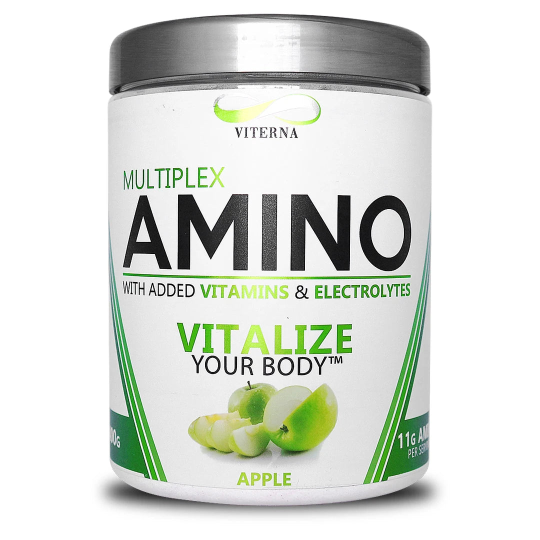 Viterna Multiplex Amino 400 g aminosyror i en vit burk med silverlock och gröna detaljer för smaken Apple.