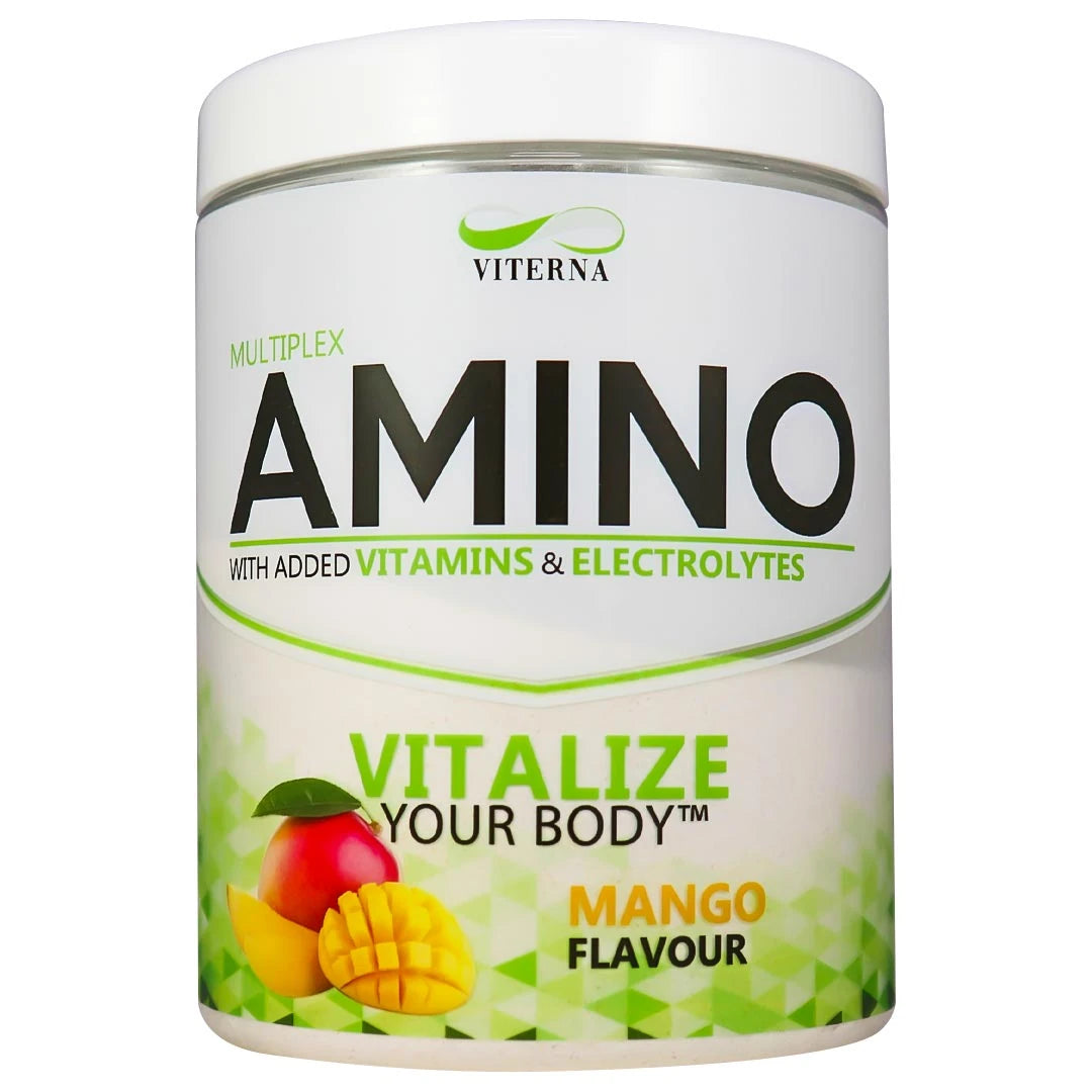 Viterna Multiplex Amino 400 g aminosyror i en vit burk med gröna detaljer för smaken Mango.