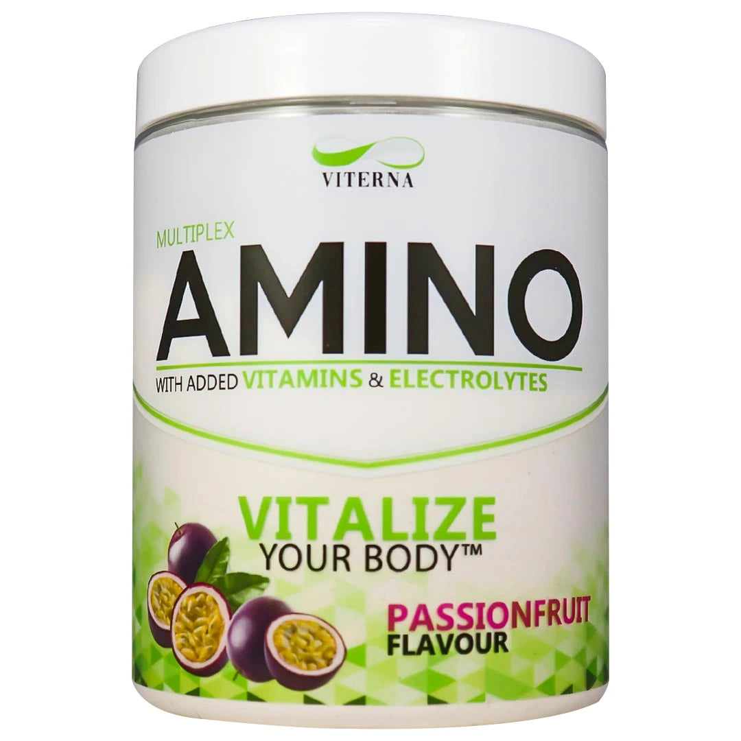Viterna Multiplex Amino 400 g aminosyror i en vit burk med gröna detaljer och smaken Passionsfrukt., bild 3 av 9