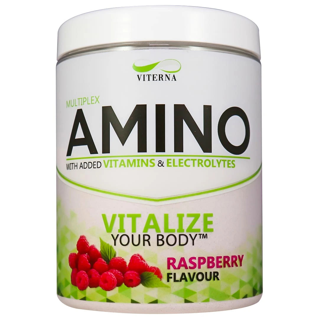 Viterna Multiplex Amino 400 g aminosyror i en vit burk med gröna detaljer och färska hallon för smaken Raspberry., bild 4 av 9