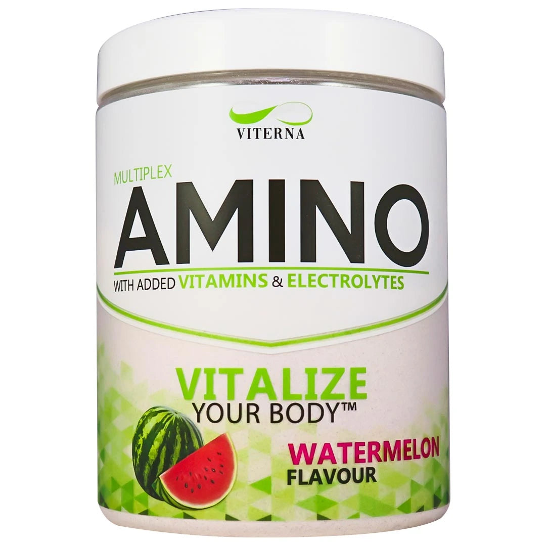 Viterna Multiplex Amino 400 g aminosyror i en vit burk med gröna detaljer och smaken Watermelon., bild 5 av 9