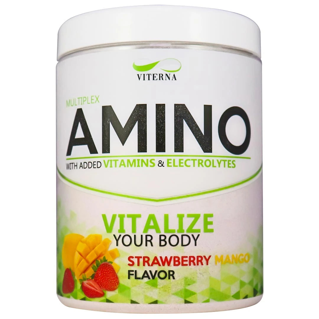 Viterna Multiplex Amino 400 g aminosyror i en vit burk med gröna detaljer och smaken Strawberry Mango., bild 6 av 9