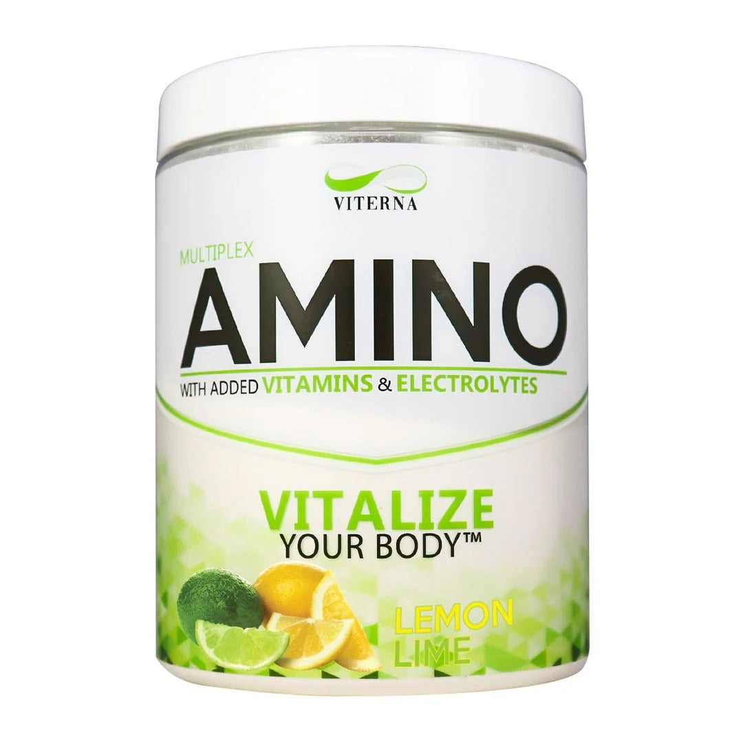 Viterna Multiplex Amino 400 g aminosyror i en vit burk med gröna detaljer för smaken Lemon Lime., bild 7 av 9