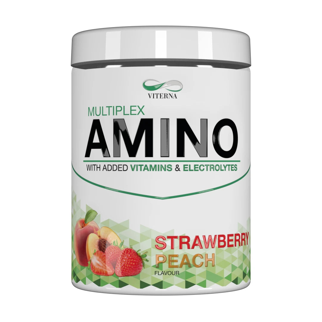 Viterna Multiplex Amino 400 g aminosyror i en vit burk med gröna detaljer för smaken Strawberry Peach., bild 8 av 9