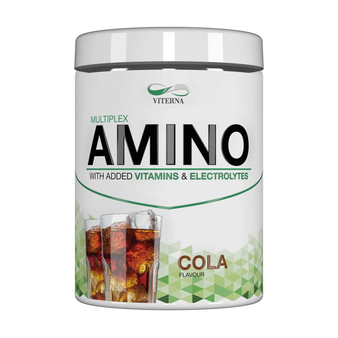 Viterna Multiplex Amino 400 g aminosyror i pulverform, förpackad i en vit burk med gröna detaljer för smaken Cola.