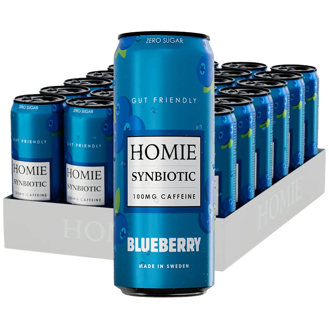 24 x Homie Wake Up Synbiotic 330 ml Blueberry energidryck i vitt flak med blå burkar.