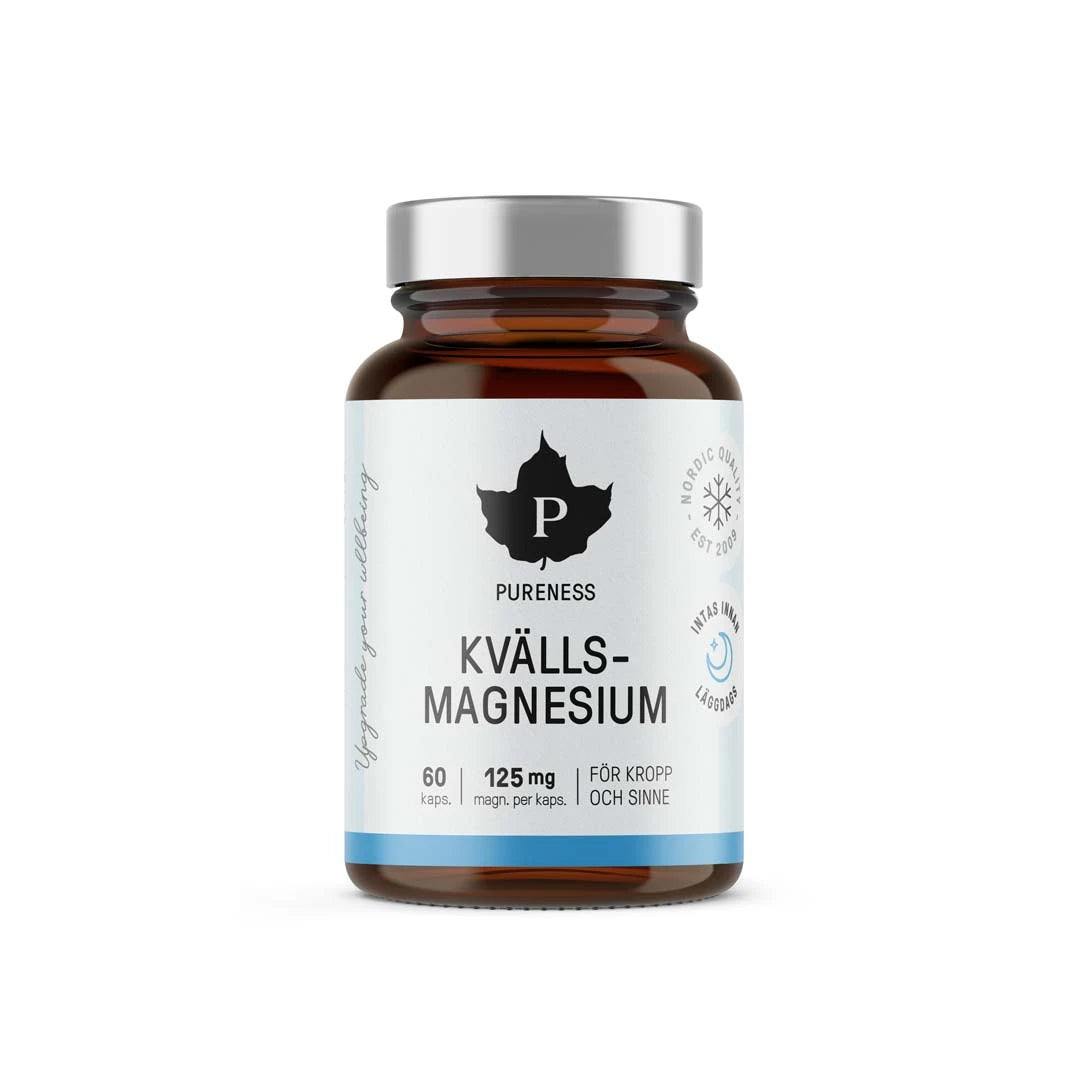 Pureness Kvällsmagnesium 60 caps förpackad i en mörk glasburk med vit etikett och silverfärgat lock.