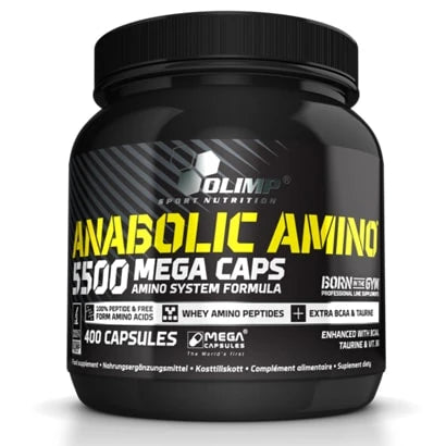 Olimp Anabolic Amino 5500 Mega caps 400 caps aminosyratillskott förpackad i en svart burk med gula och vita detaljer.