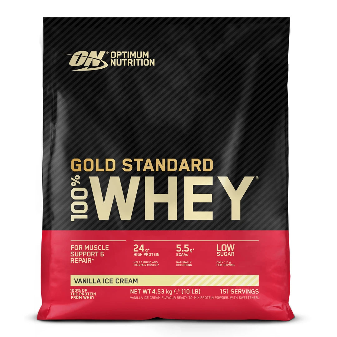 Optimum Nutrition 100% Whey Gold Standard 4.5 kg proteinpulver i en svart och röd påse för smaken Vanilla Ice Cream., bild 3 av 3