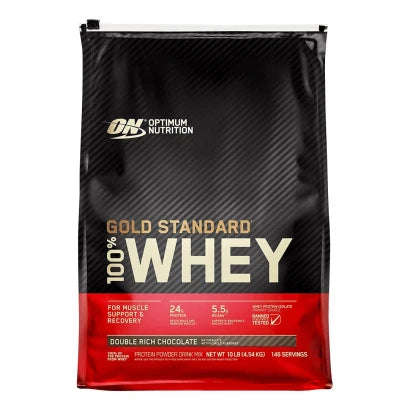 Optimum Nutrition 100% Whey Gold Standard 4.5 kg proteinpulver i en svart och röd påse för smaken Double Rich Chocolate.
