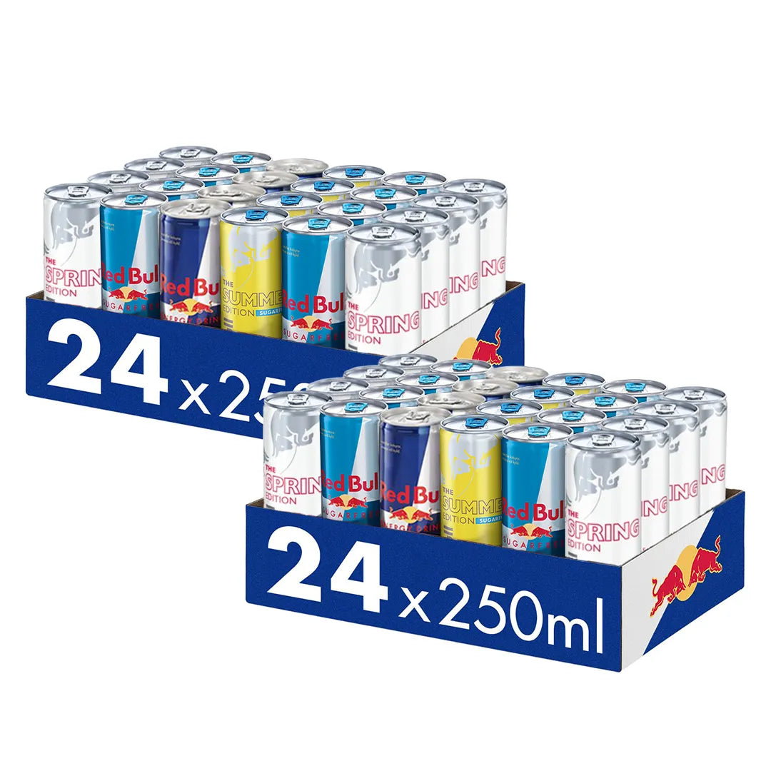 48 x Red Bull Energidryck 250 ml Mixflak fördelat på två blå flak med blandade färgglada burkar.