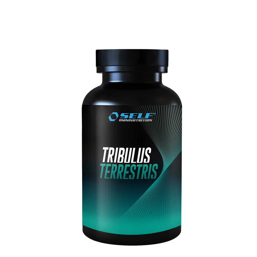 Self Omninutrition Tribulus Terrestris 100 tabs kosttillskott i en svart burk med turkosa grafiska detaljer.