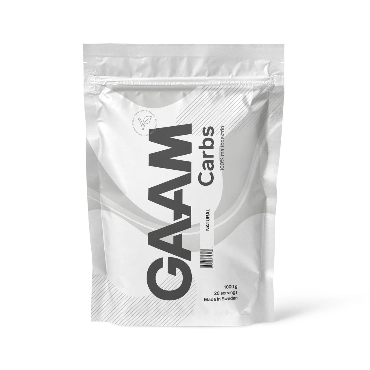 GAAM Carbs - 100% Maltodextrin 1 kg energitillskott förpackad i en stilren vit påse.