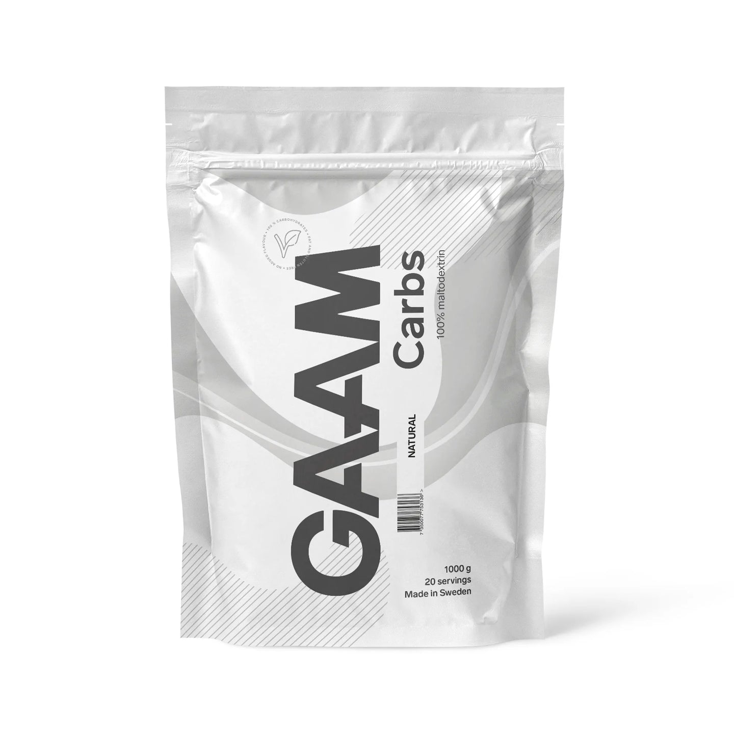GAAM Carbs - 100% Maltodextrin 1 kg energitillskott förpackad i en stilren vit påse.