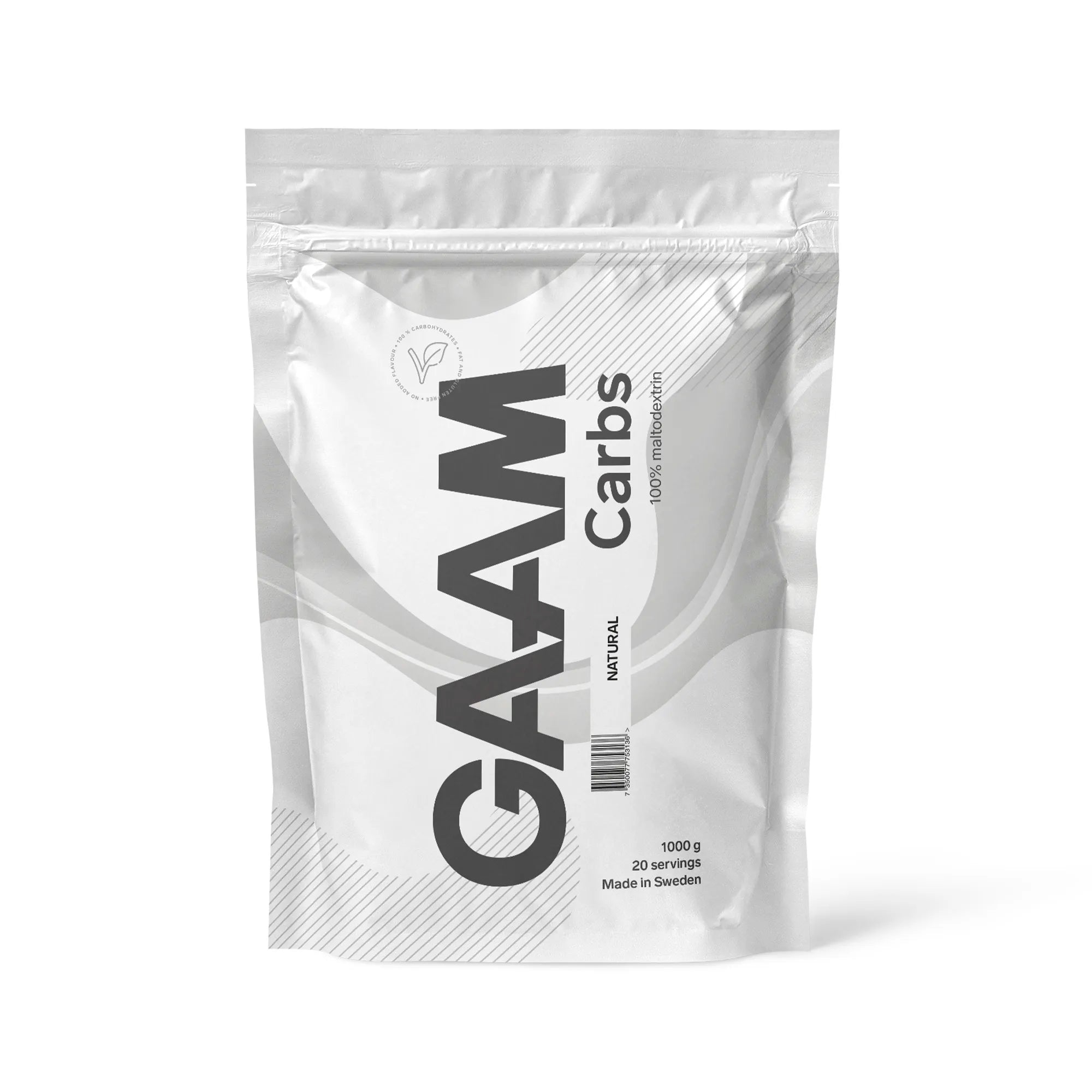 GAAM Carbs - 100% Maltodextrin 1 kg energitillskott förpackad i en stilren vit påse.
