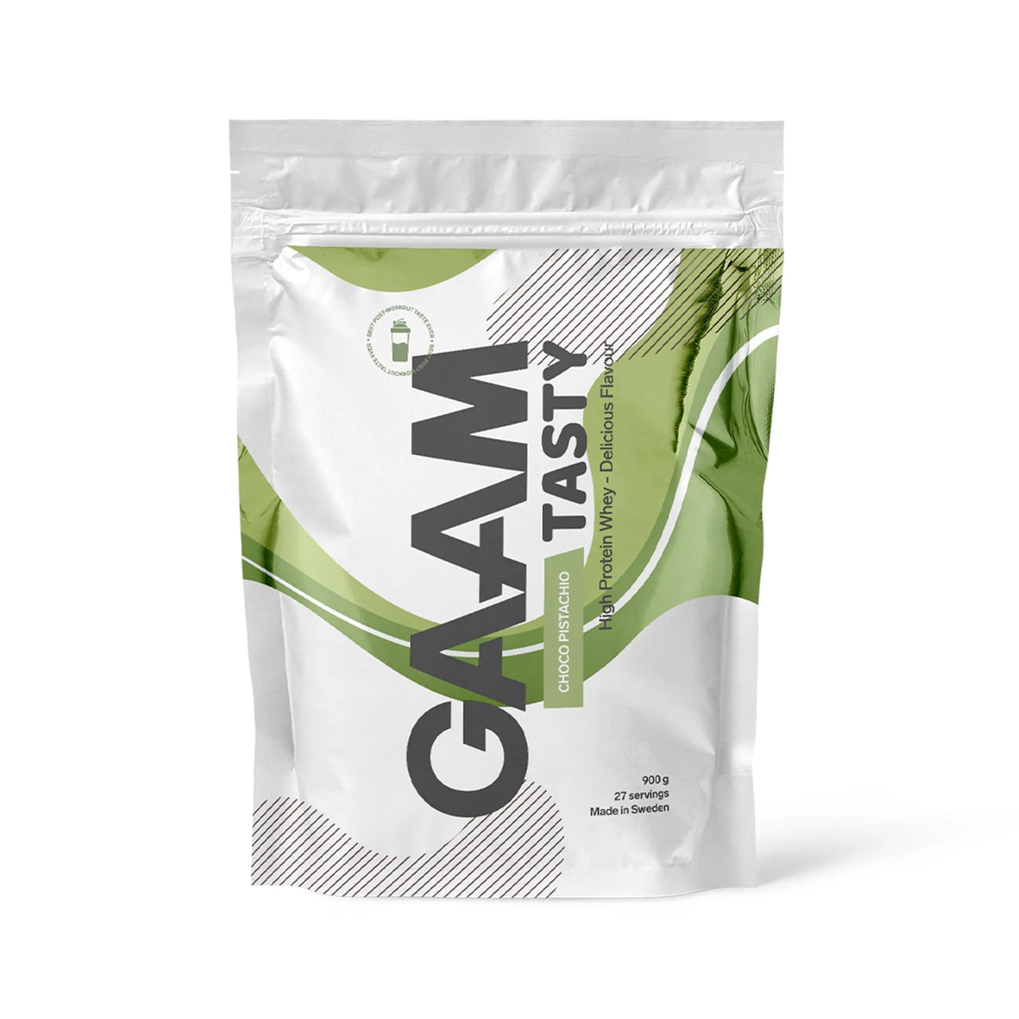 GAAM Tasty Whey 900 g proteinpulver i en vit påse med gröna detaljer för smaken Choco Pistachio.