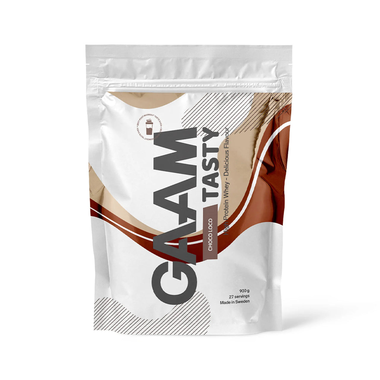 GAAM Tasty Whey 900 g proteinpulver i en vit påse med bruna detaljer för smaken Choco Loco.