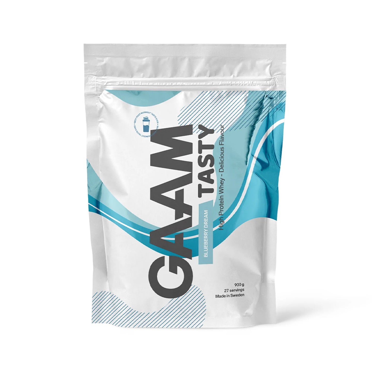 GAAM Tasty Whey 900 g proteinpulver i en vit påse med blå detaljer för smaken Blueberry Dream.
