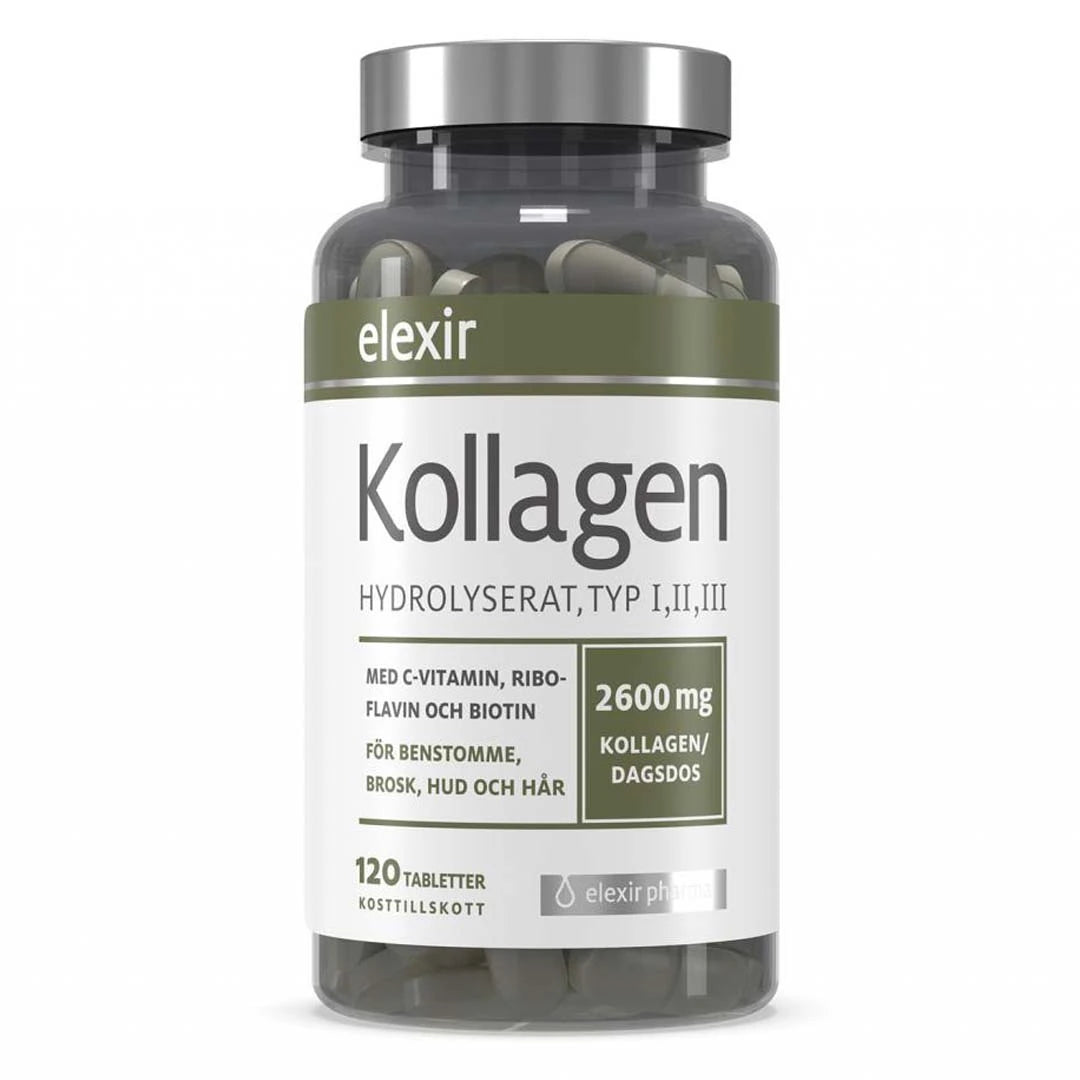Elexir Pharma Kollagen Hydrolyserat 120 tabs förpackad i en mörk genomskinlig burk med vit etikett och silverlock.