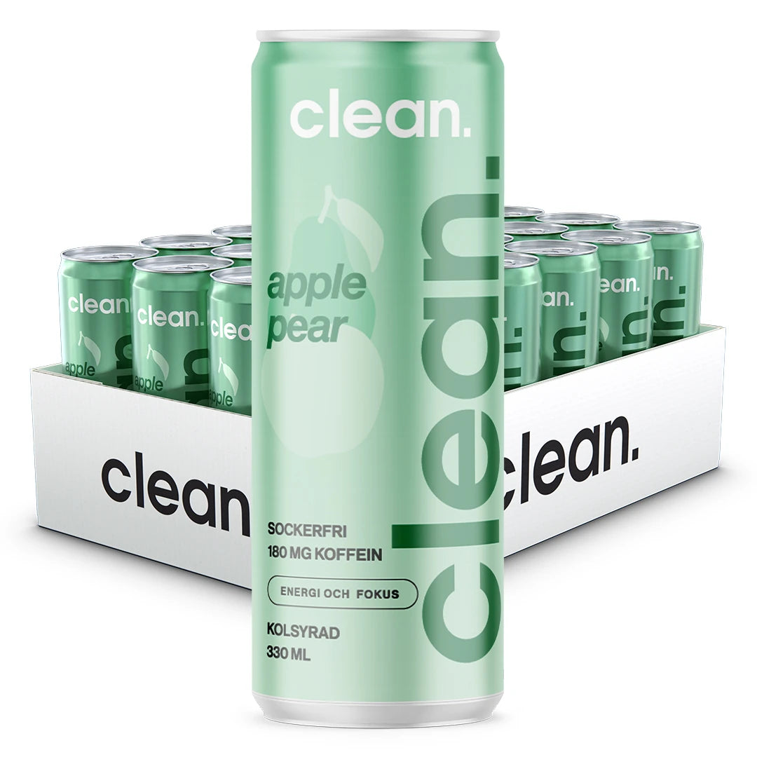 24 x Clean Drink 330 ml Päron/Äpple i ett vitt flak med ljusgröna burkar som har mörkgrön text och äpple/päron-motiv.