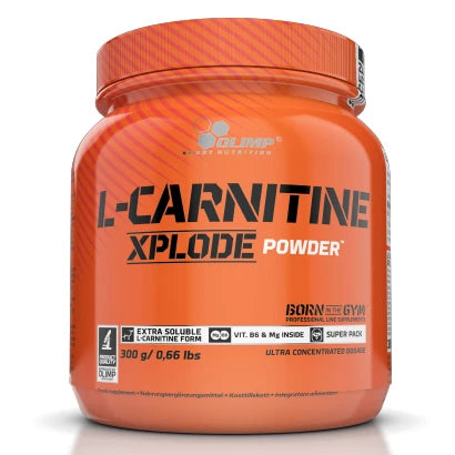 Olimp L-Carnitine Xplode 300 g aminosyror i pulverform, förpackad i en orange burk med svart text.