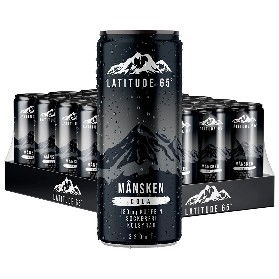 24 x Latitude 65 330 ml Månsken - Cola i ett svart flak med svarta burkar och bergsmotiv.