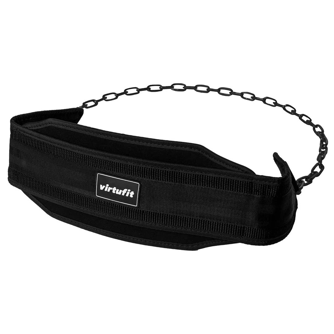 Virtufit Nylon Dip Belt Black, ett svart dipsbälte i slitstark nylon med robust stålkedja för viktbältesträning.