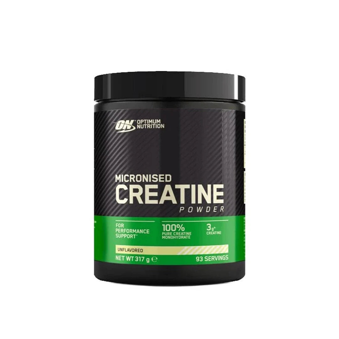 Optimum Nutrition Creatine Powder 317 g i en svart burk med grön etikett och texten Micronised Creatine.
