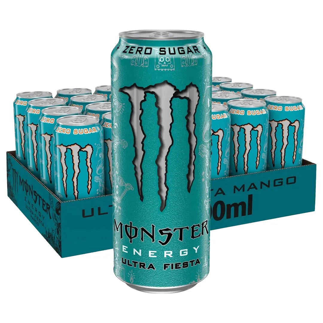 24 x Monster Energy 500 ml Ultra Fiesta (sockerfri) energidryck i ett turkost flak med turkosa burkar.