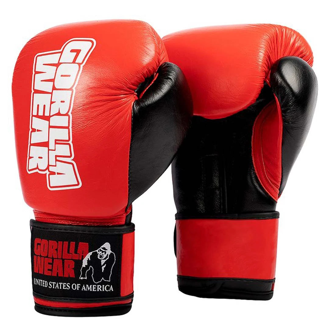 Gorilla Wear Ashton Pro Boxing Gloves Red & Black, professionella boxningshandskar i rött och svart läder.