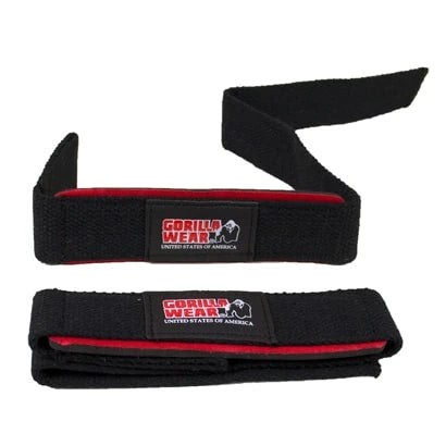 Gorilla Wear Padded Lifting Straps, svarta dragremmar i bomull och neopren med röd vaddering och vit logotyp.