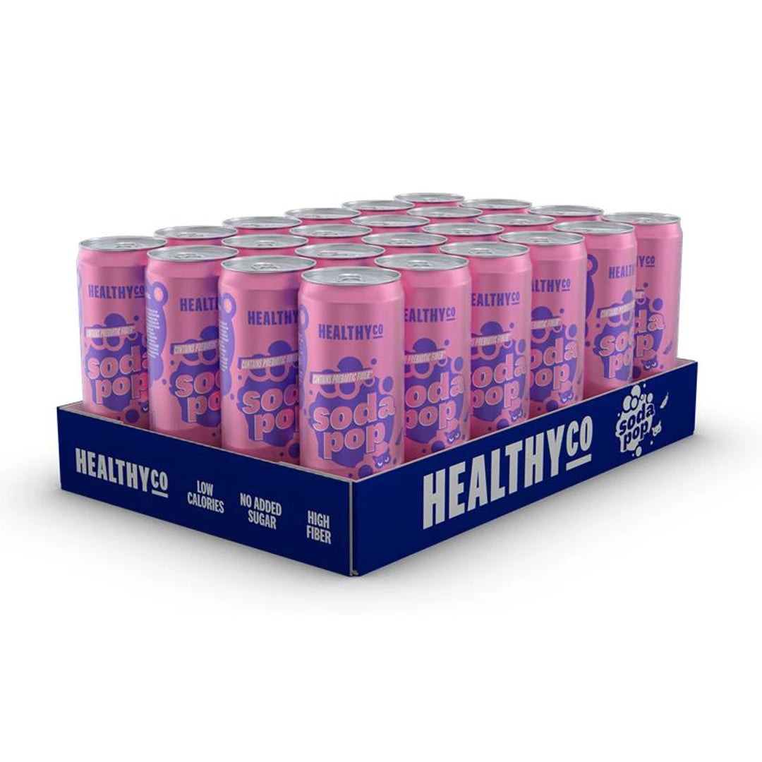 24 x HealthyCo Soda Pop 330 ml Mixflak med rosa burkar med lila detaljer i ett mörkblått flak.