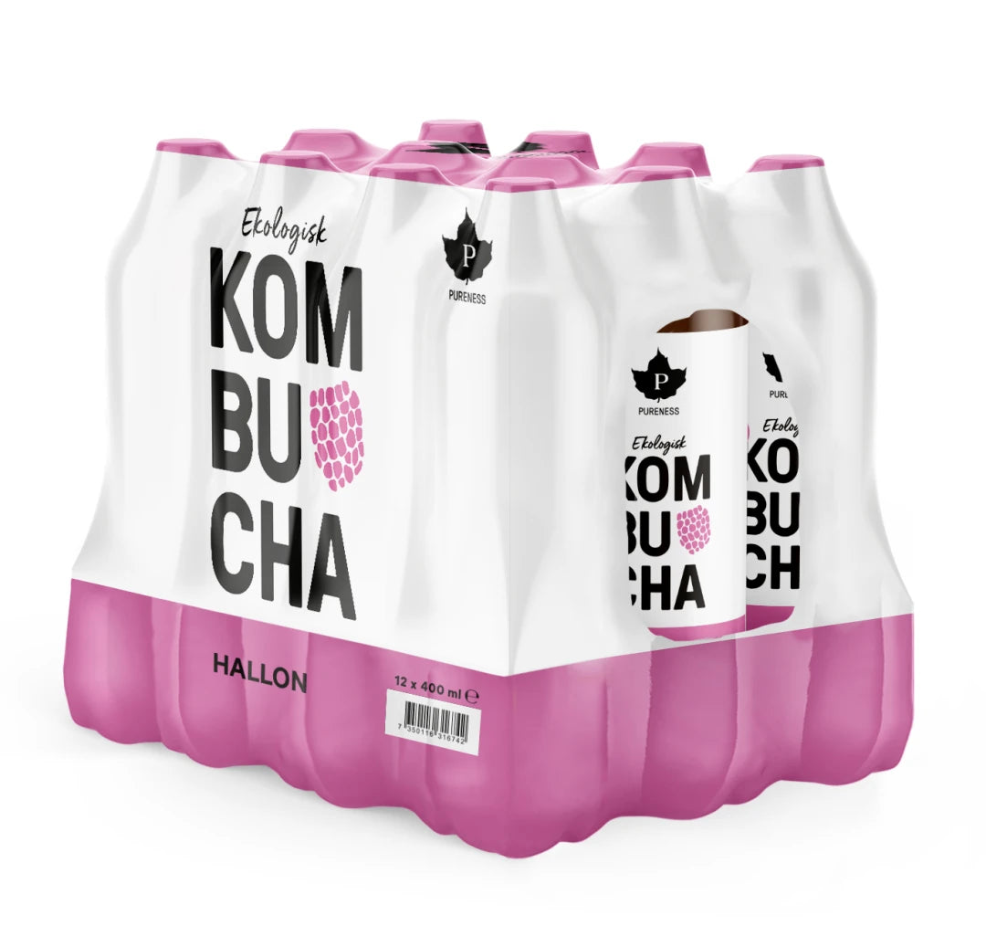 12 x Pureness Kombucha Eko 400 ml Mixflak i en vit och rosa plastförpackning för smaken hallon.