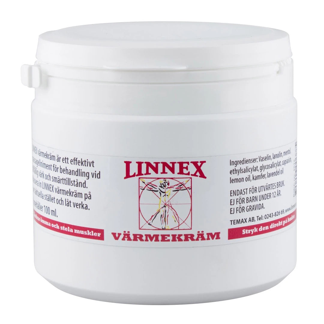 Linnex Värmekräm Liniment 500 ml i en vit burk med röd logotyp och text för lindring av muskelbesvär.
