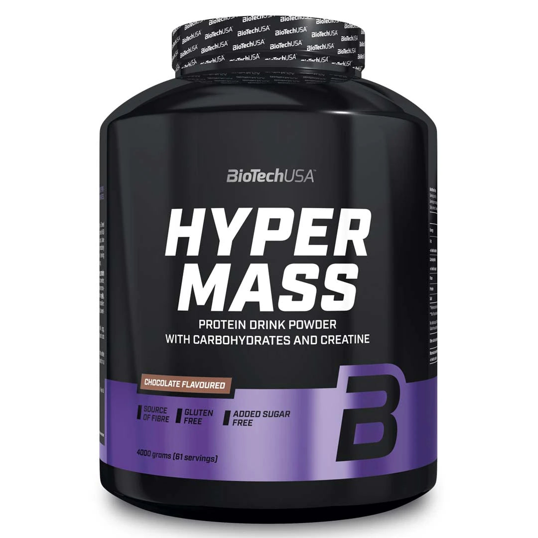 BioTechUSA Hyper Mass 4 kg gainer i en svart och lila plastburk med smak av Chocolate.