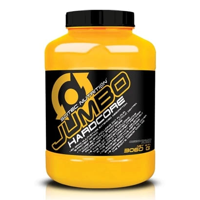 Scitec Nutrition Jumbo Hardcore 3060 g gainer i en gul plastburk med svart lock och etikett.