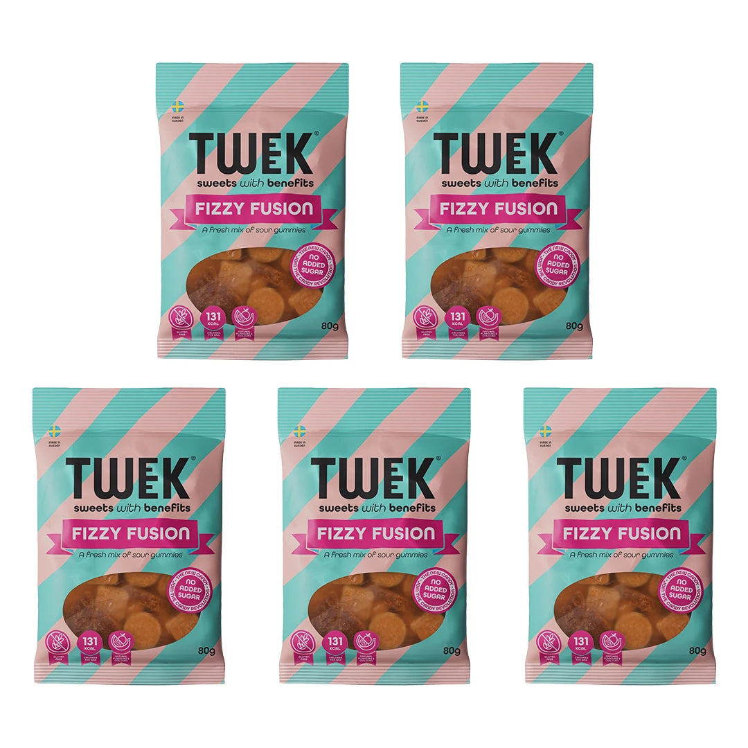 5 x Tweek Sweets 80 g Fizzy Fusion i fem ljusblå och rosa randiga påsar fyllda med surt godis.
