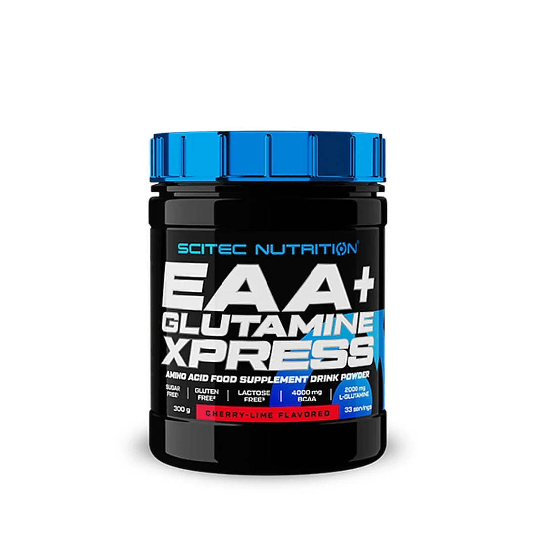 Scitec Nutrition EAA + Glutamine 300 g aminosyror i en svart burk med blått lock och smaken Cherry-Lime.