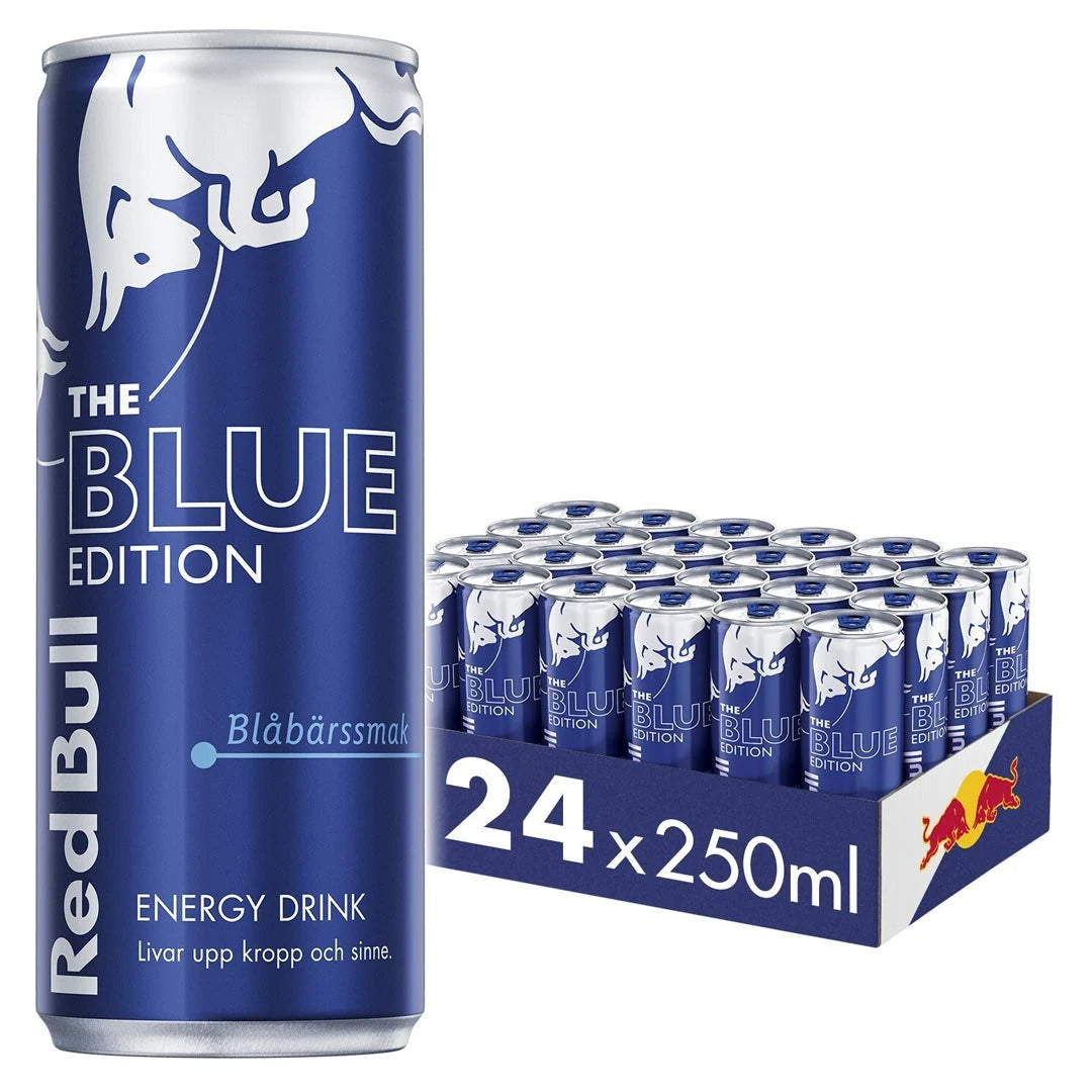24 x Red Bull Energidryck 250 ml Blue Edition - Blåbär i ett blått flak med matchande blåa burkar för blåbärssmak.
