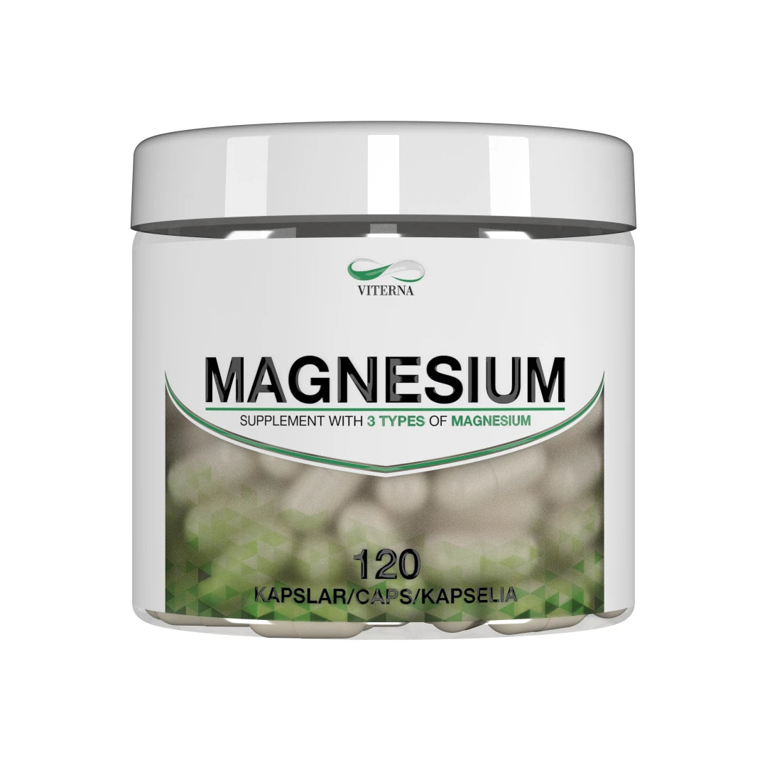 Viterna Magnesium 120 caps i en vit plastburk med stilrena gröna detaljer.