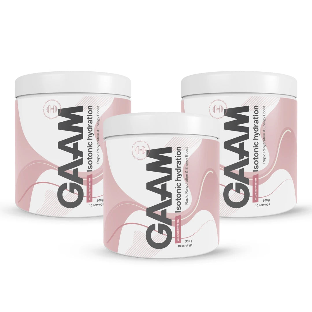 3 x GAAM Isotonic Hydration 300 g i tre vita burkar med rosa vågmönster och smaken Wild Strawberry.