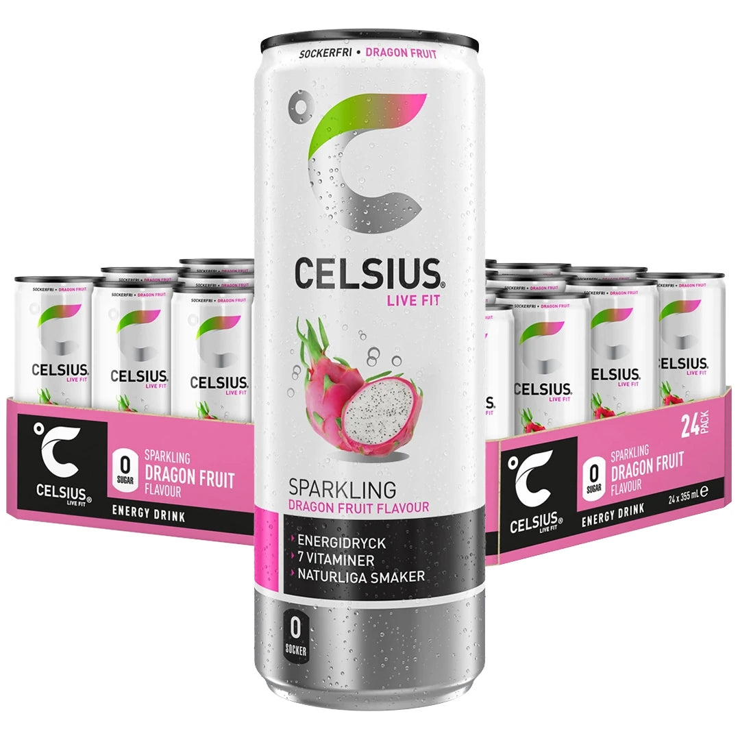 24 x Celsius 355 ml Dragon Fruit i ett rosa flak med vita energidrycksburkar och drakfruktsmotiv.