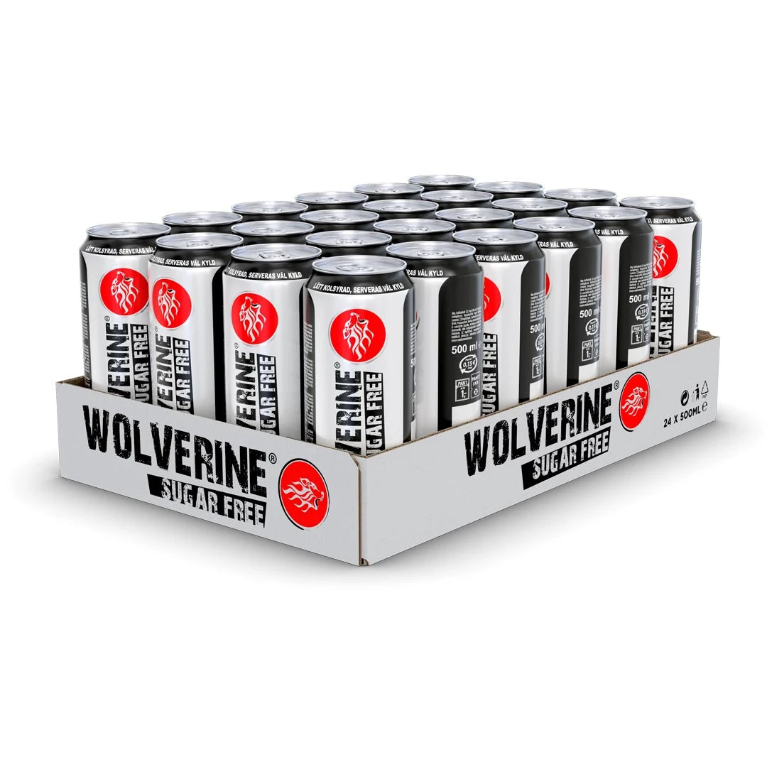 24 x Wolverine Energy Drink 500 ml Sugarfree presenterad i ett vitt flak med energidrycksburkar i silver och svart med röda lejonlogotyper.