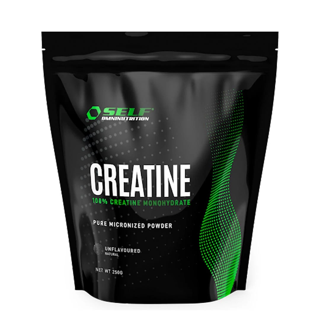 Self Omninutrition Creatine 250 g naturellt kreatinpulver i en svart påse med gröna grafiska detaljer.
