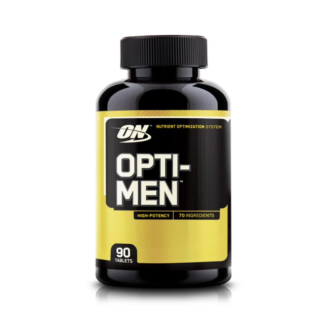 Optimum Nutrition Opti-Men 90 tabs i en svart burk med gul etikett och vit text.